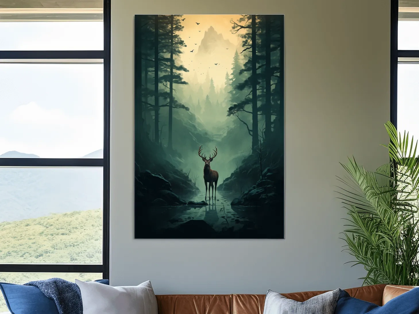 Moody Misty Forest Deer Stag Landscape - Atmospheric Wildlife Mountain Wall Art