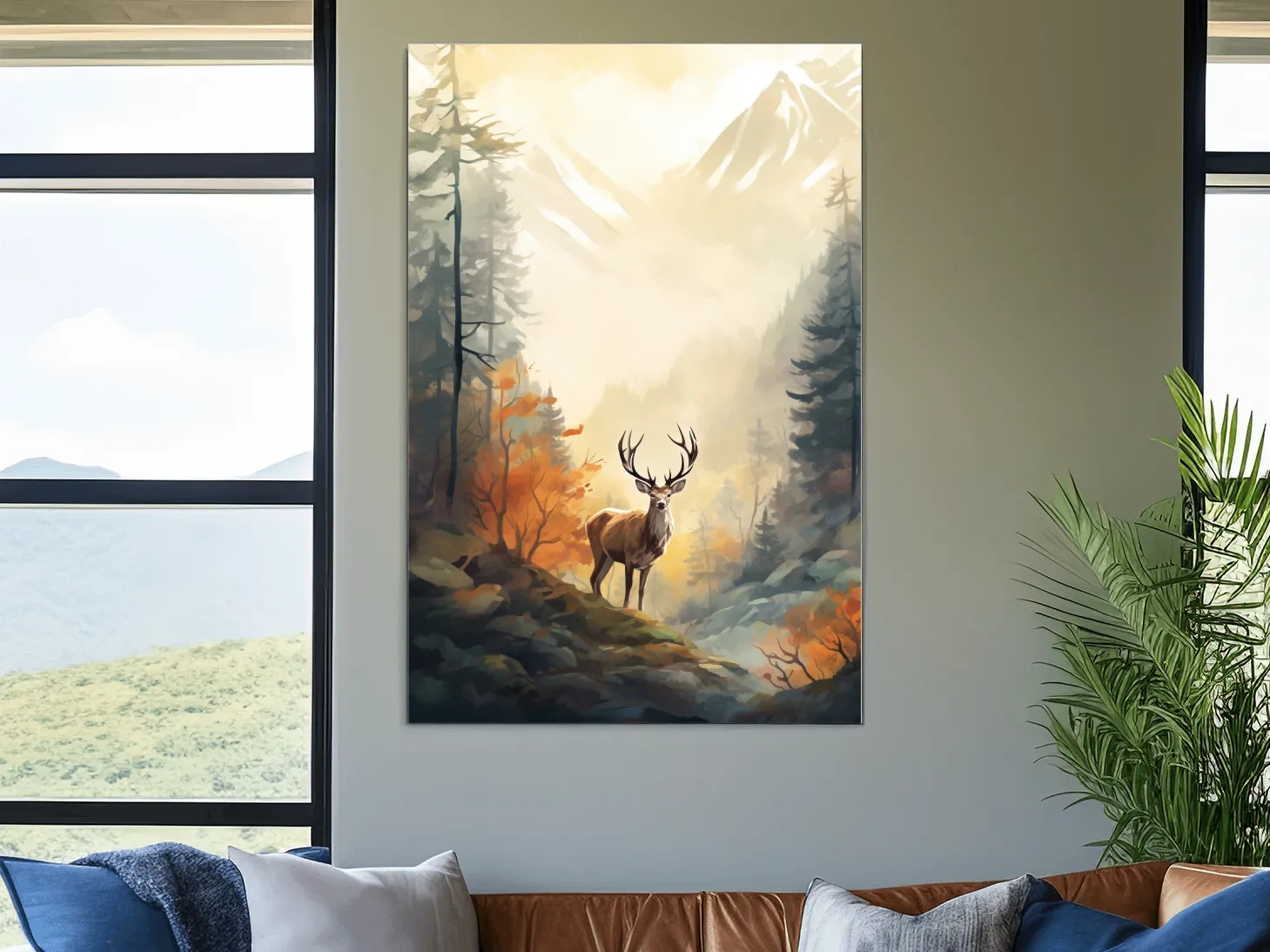 Majestic Stag In Misty Mountain Forest - Autumn Watercolor Wildlife Wall Art