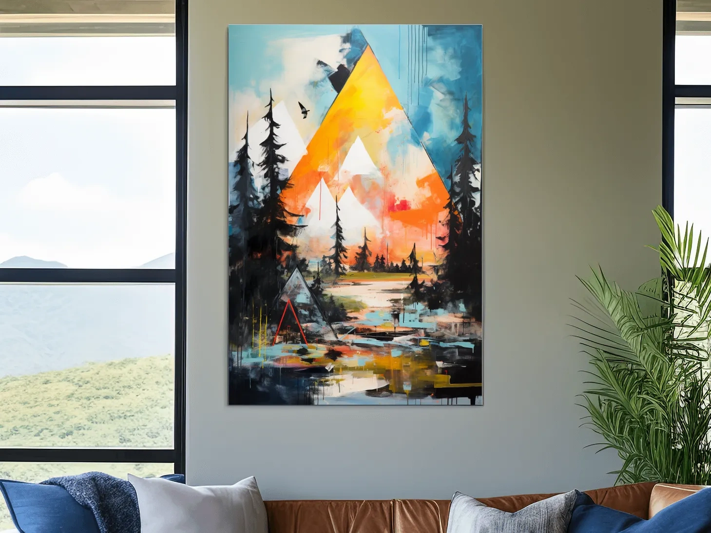Vibrant Abstract Mountain Painting - Modern Geometric Alpine Forest Wall Art