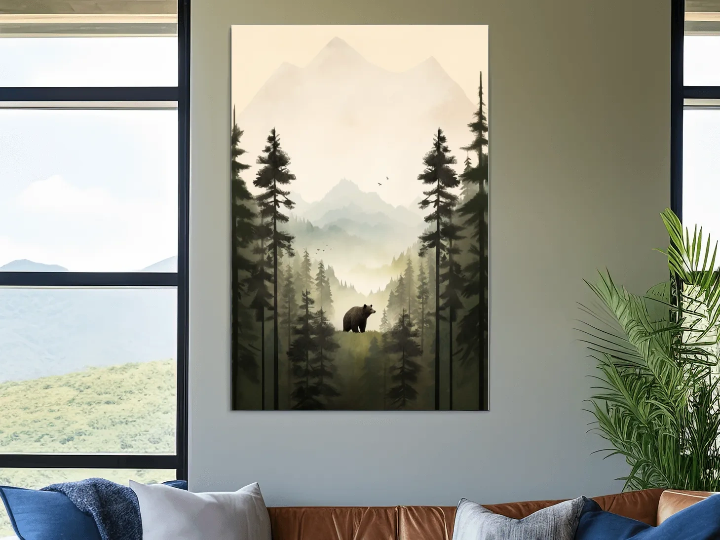 Misty Pine Forest Bear Illustration - Minimalist Wildlife Wall Art