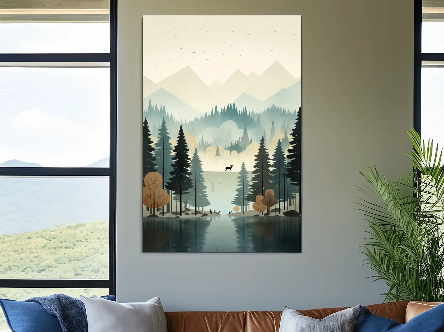 Alpine Lake Forest With Deer - Scandinavian Minimalist Wall Art