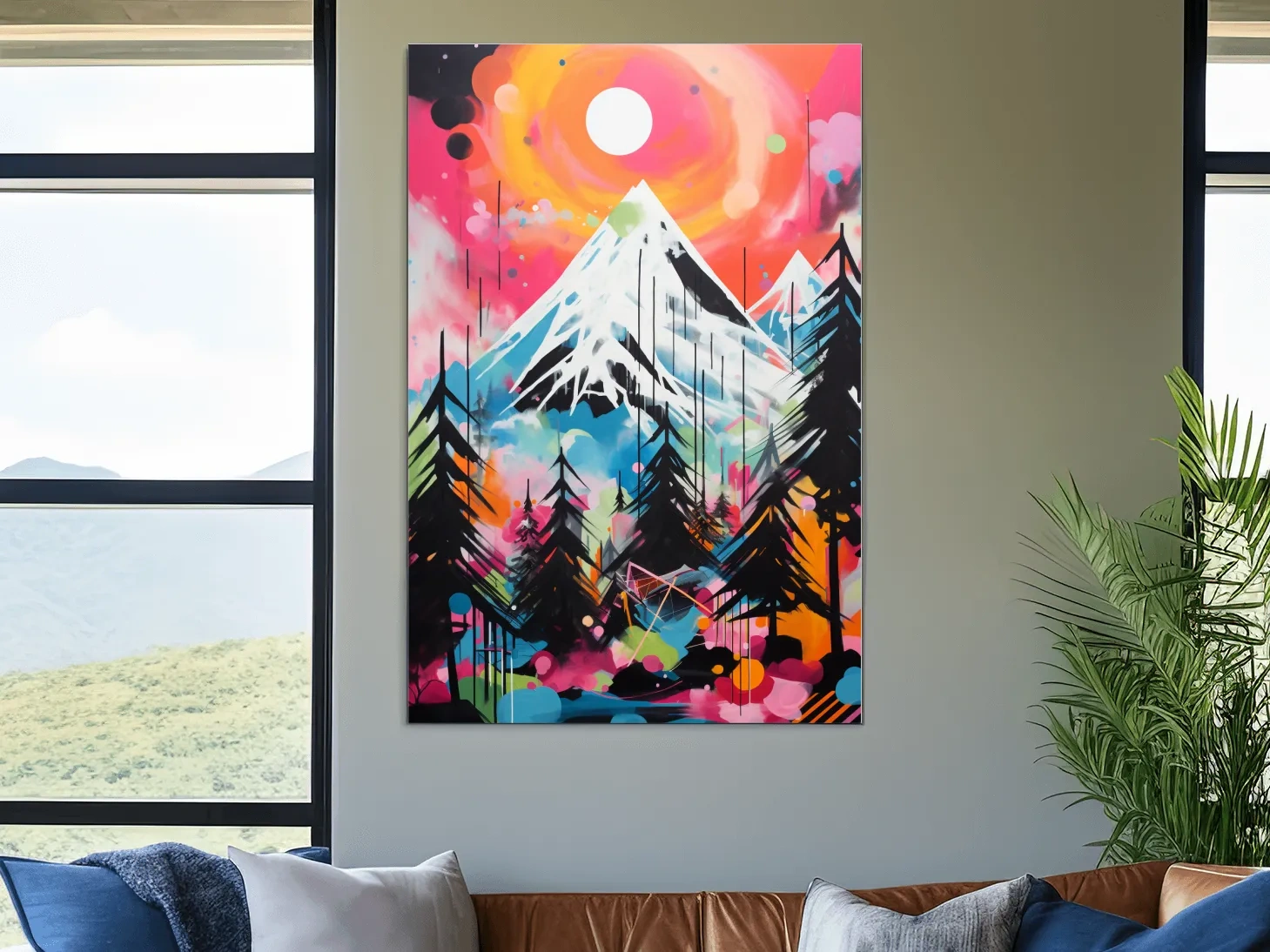 Vibrant Abstract Neon Mountain Glacier Sunset Painting - Colorful Alpine Wall Art