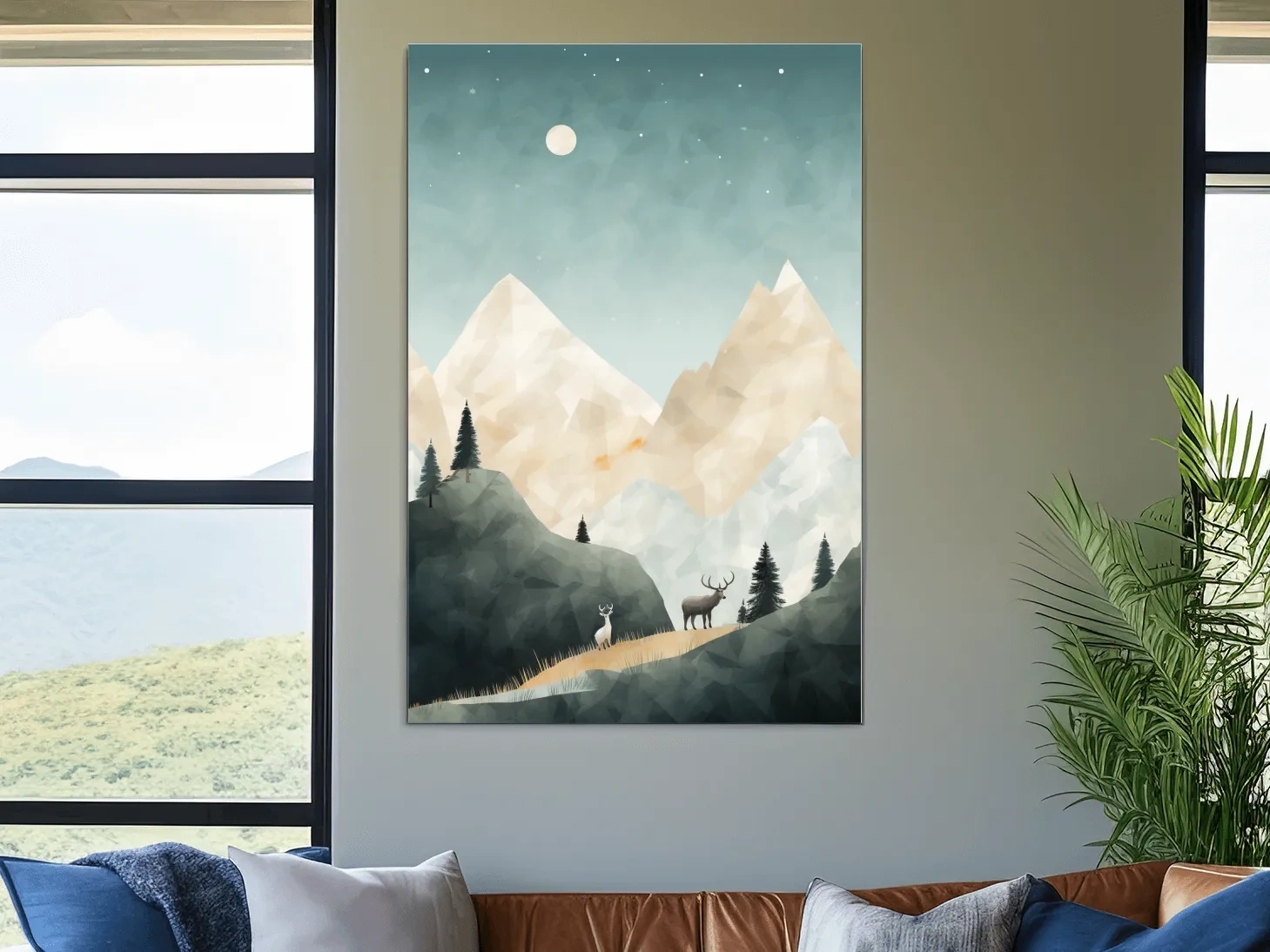 Mountain Deer Landscape Illustration - Minimalist Alpine Forest Wildlife Wall Art