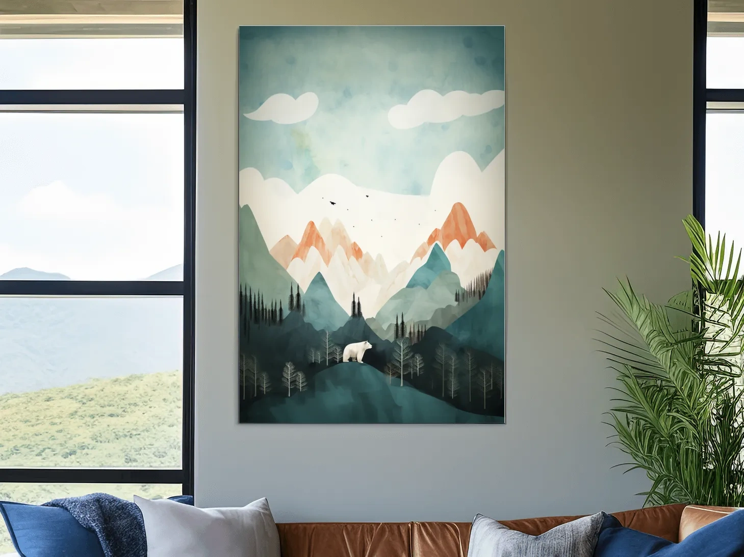 Whimsical Bear Alpine Mountain Landscape - Childrens Nursery Wall Art