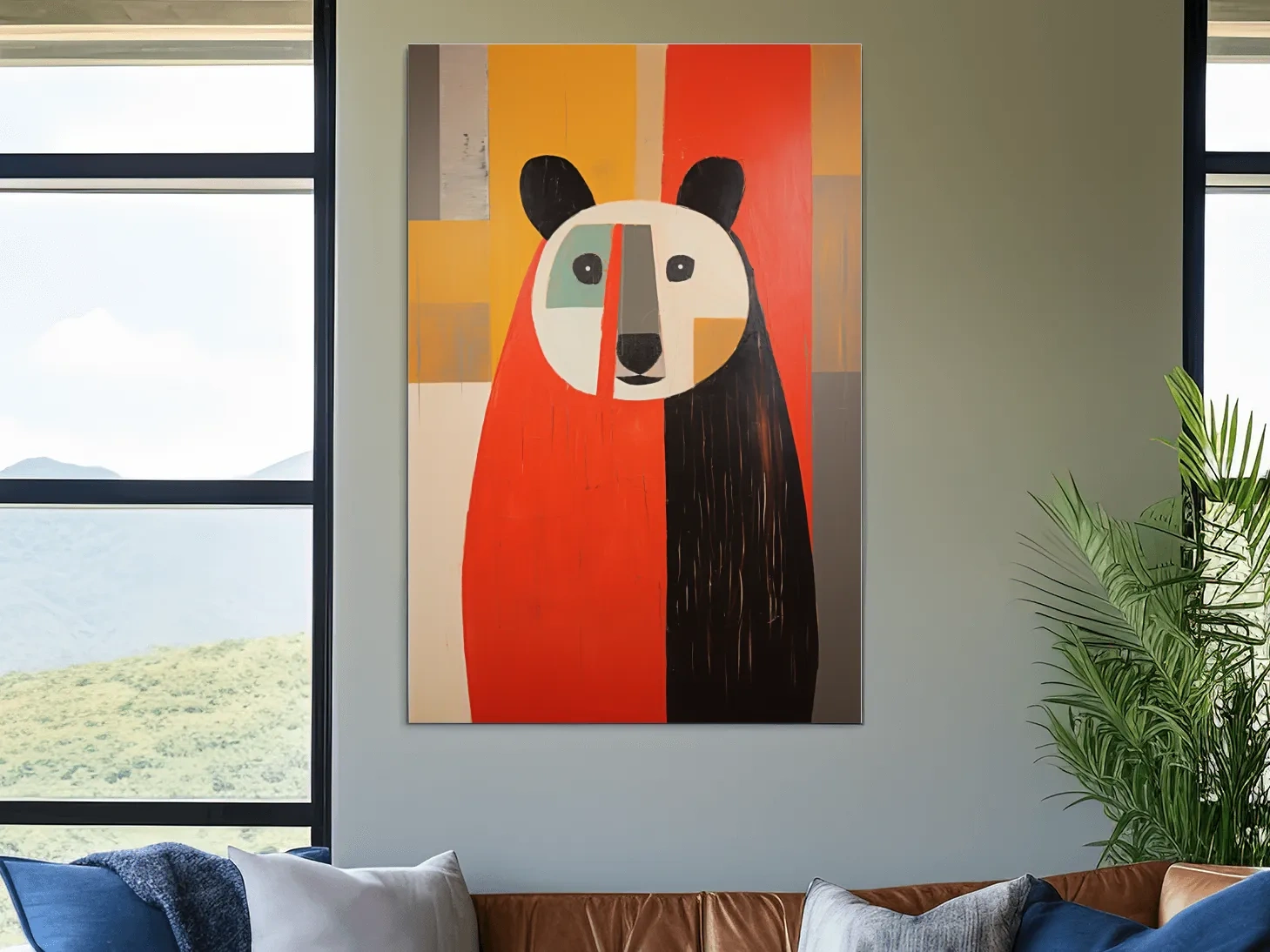 Bold Geometric Bear Portrait Painting - Quirky Abstract Animal Wall Art