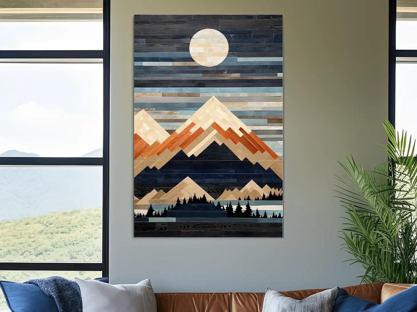 Geometric Wood Mosaic Mountain Range Under Full Moon - Modern Rustic Landscape Wall Art