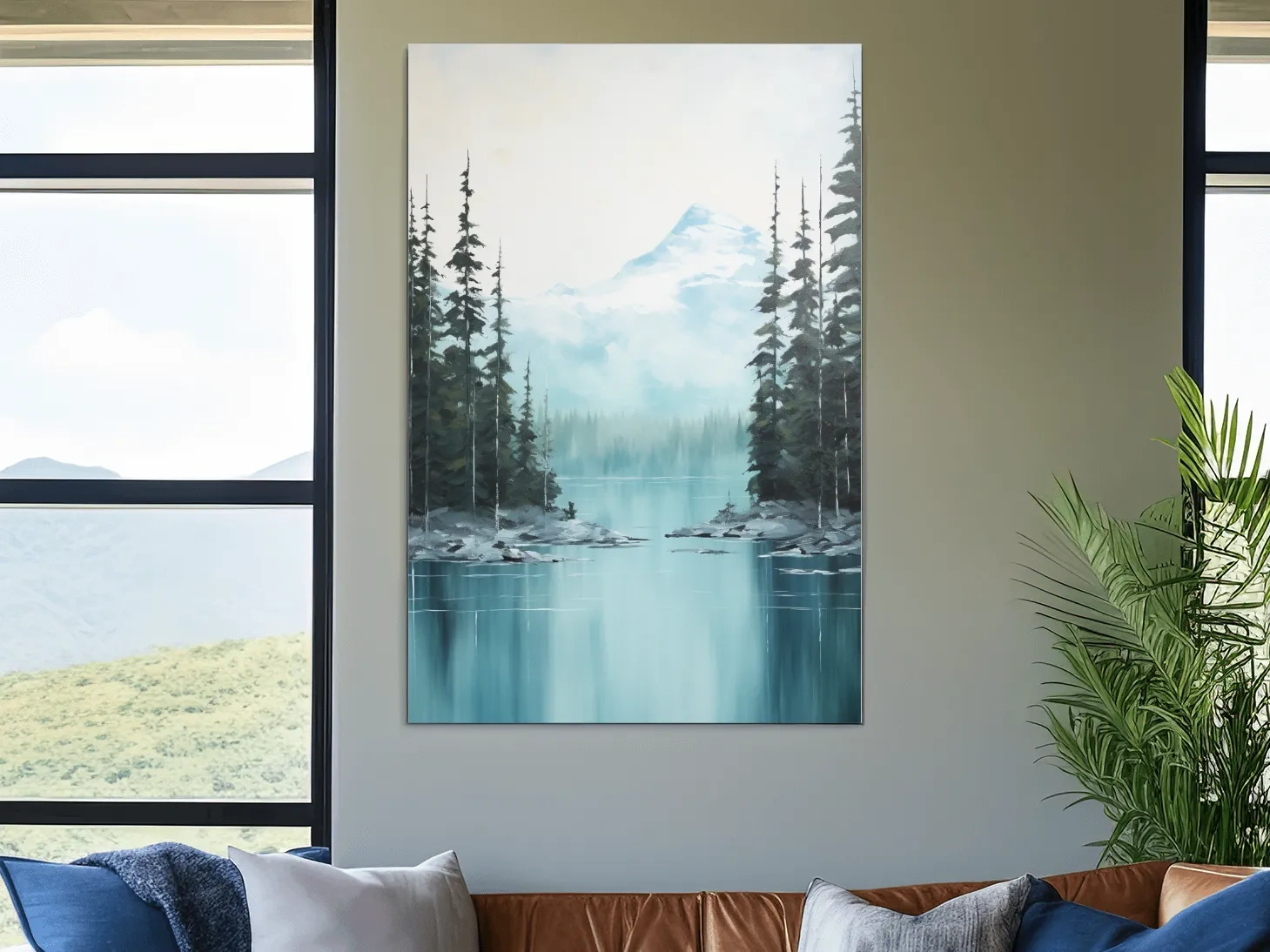 Turquoise Alpine Lake & Pine Forest Watercolor - Serene Mountain Landscape Wall Art