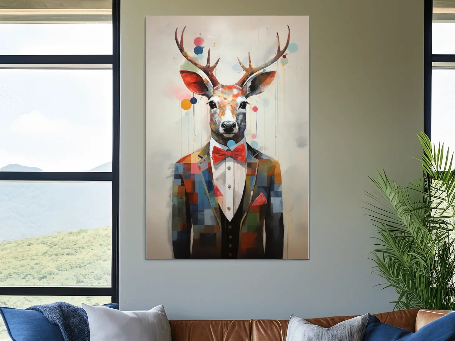 A collage style painting of a deer in a tuxedo