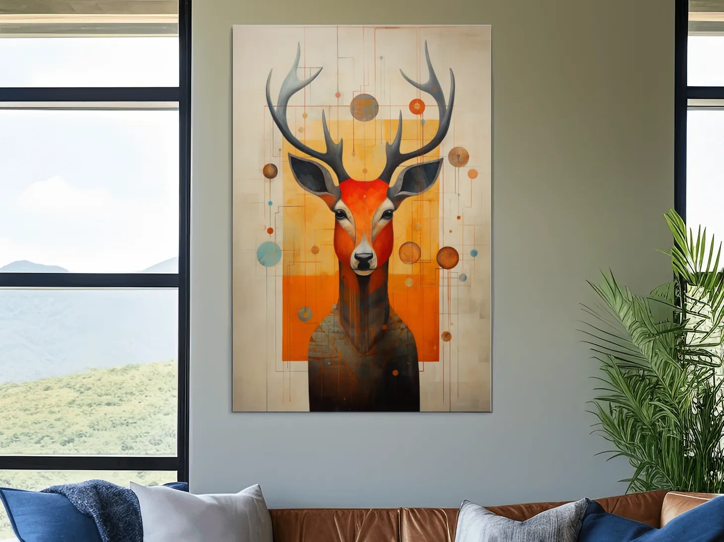 Mid Century Abstract Stag Portrait Painting - Quirky Wildlife Wall Art