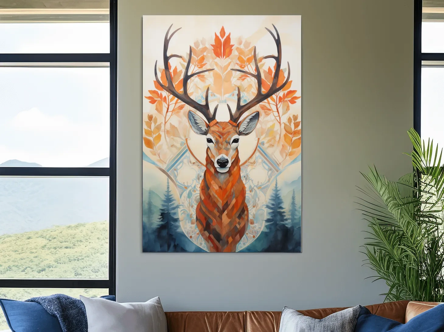 Ornate Stag Deer Watercolor Portrait - Autumn Woodland Wildlife Wall Art