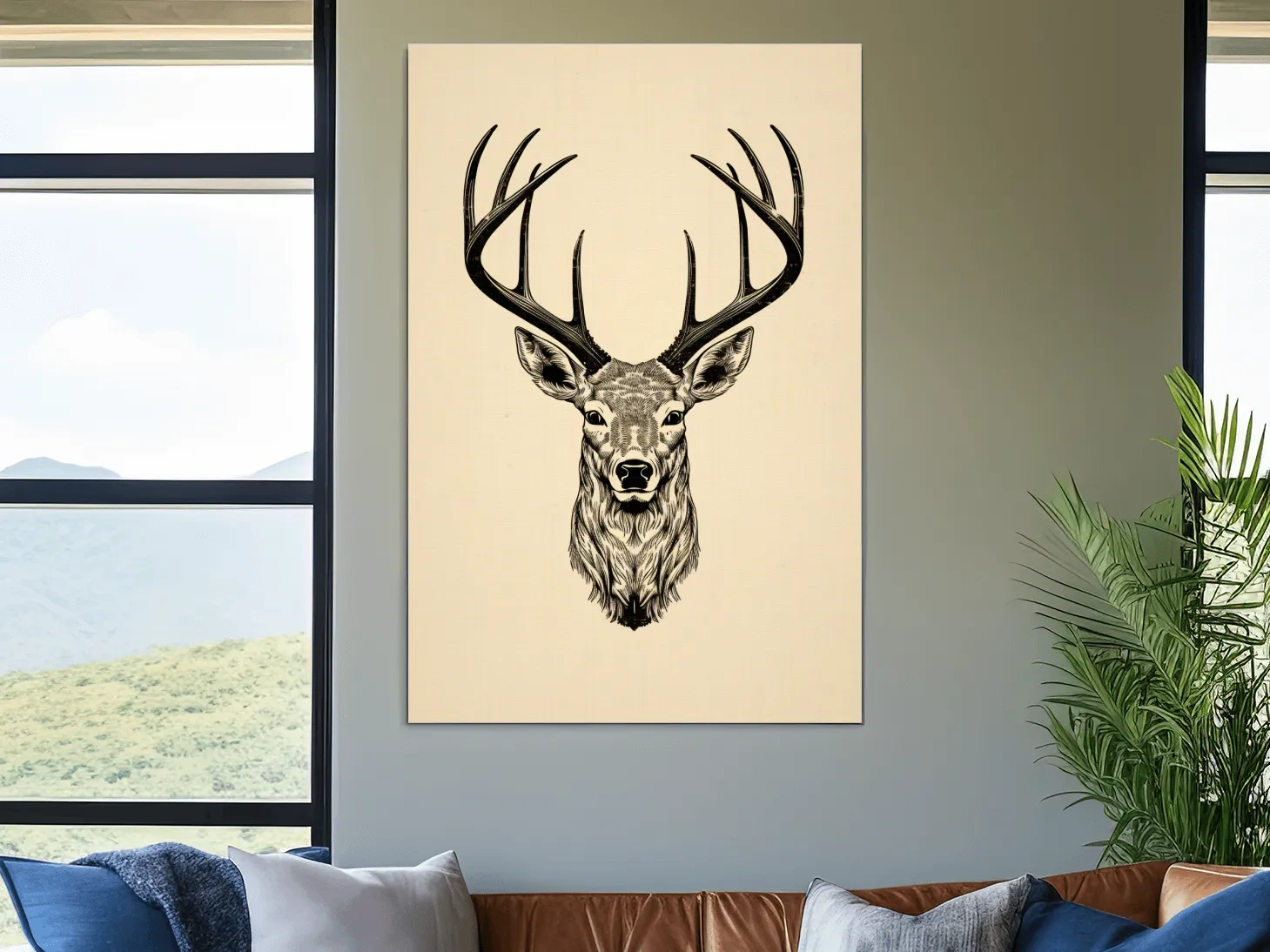 Vintage Deer Head Line Drawing Artwork - Minimalist Wildlife Tattoo Wall Art