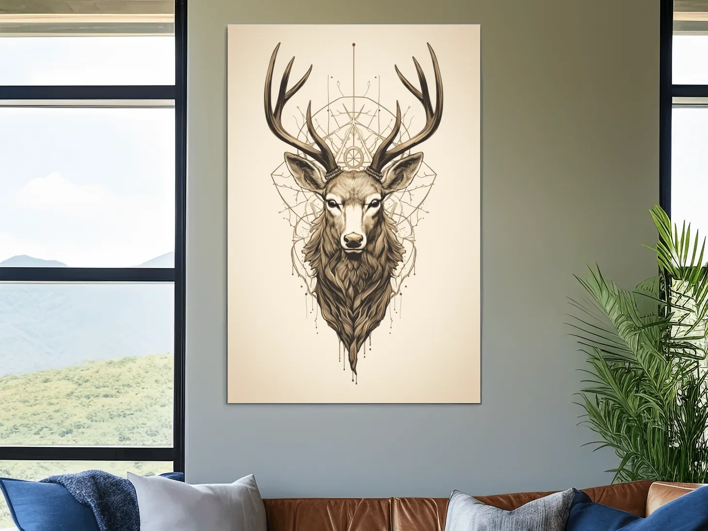 Ornate Stag Head Line Art - Minimalist Tattoo Style Wildlife Wall Art