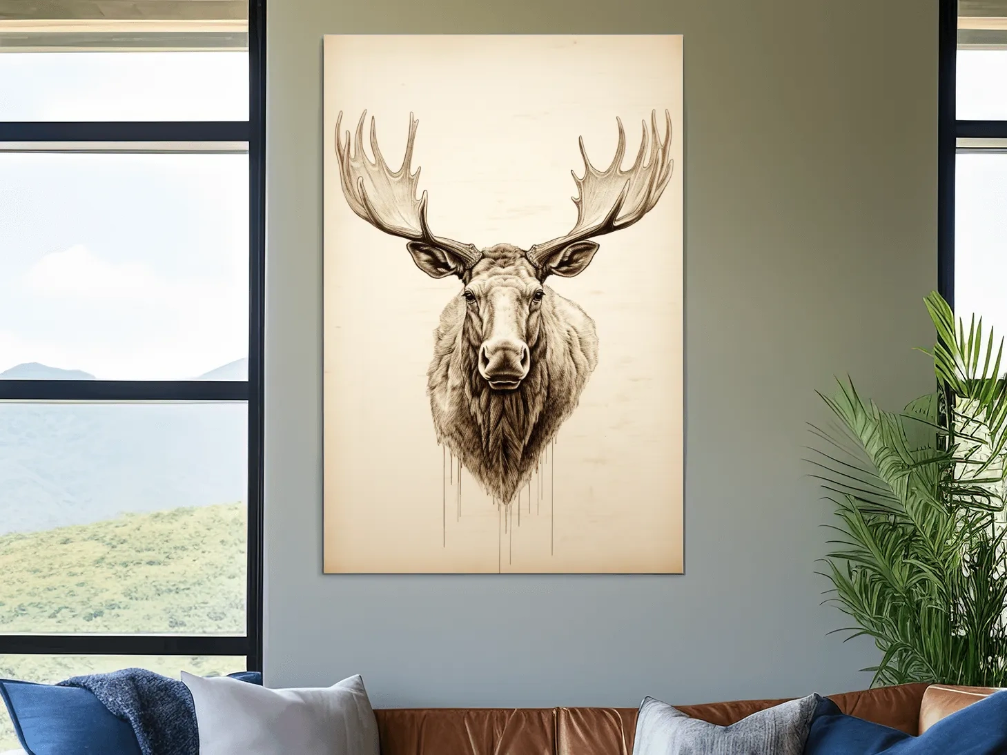 Vintage style portrait drawing of a moose