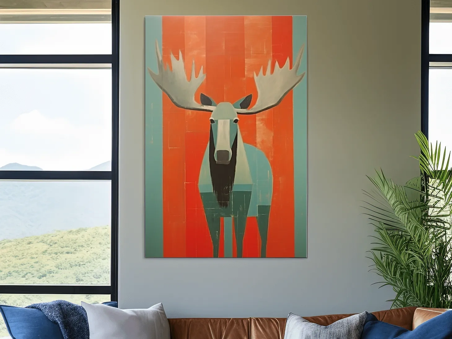 Mid Century Modern Rustic Moose Portrait Painting -  Wildlife Wall Art