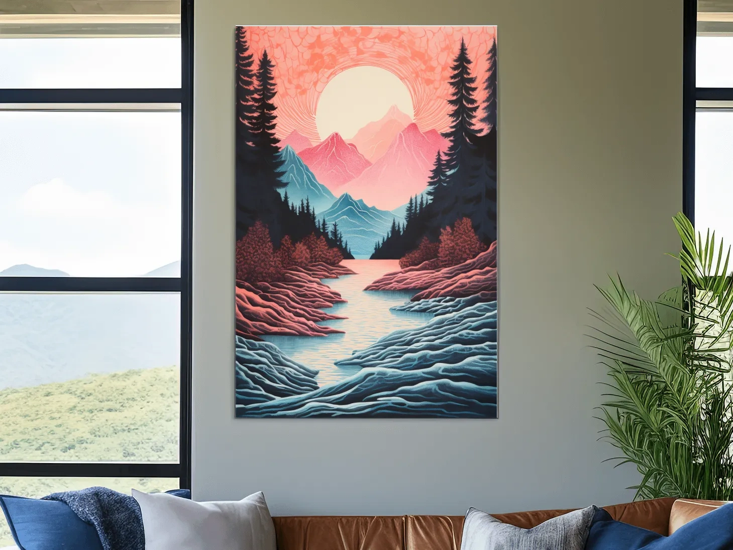  Risograph style illustration of an alpine valley at sunset 