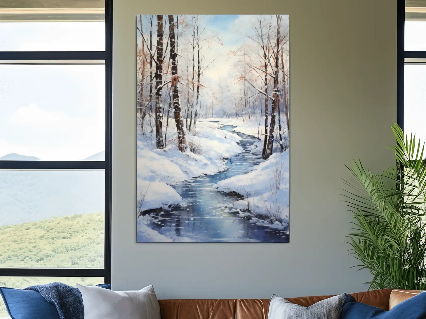 Serene Winter River Forest Painting - Snowy Woodland Wall Art