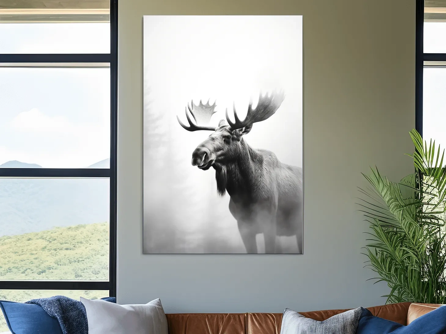 Moody Black And White Moose Portrait - Misty Wildlife Photography Artwork