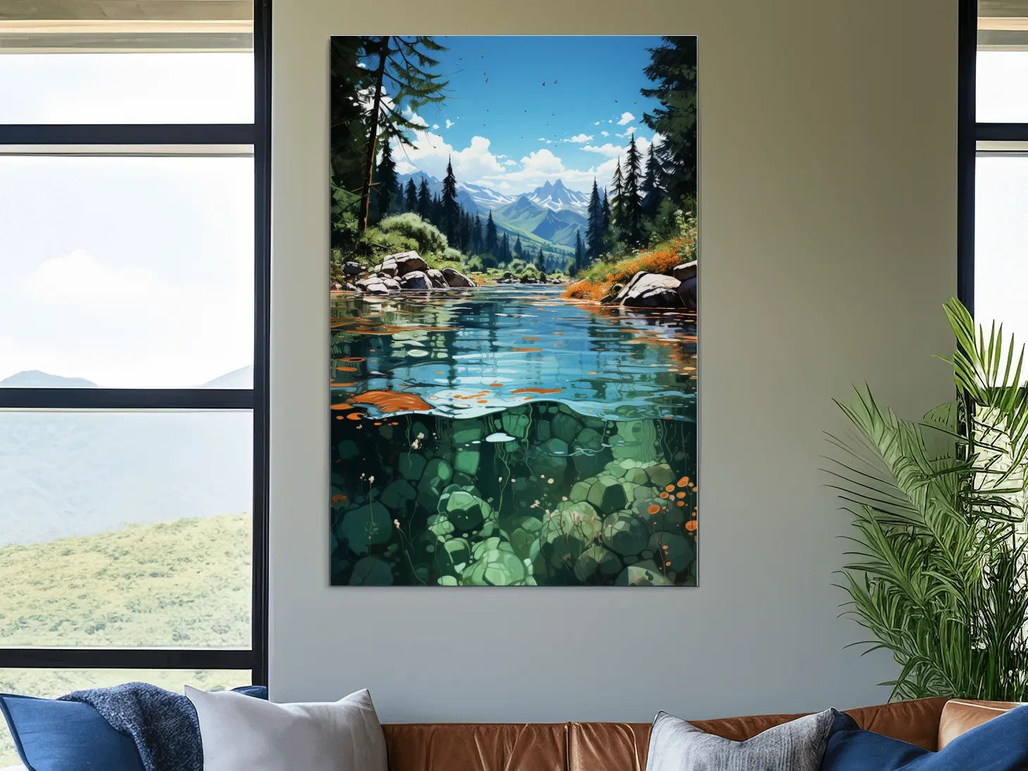Crystal Clear Alpine River Landscape Illustration - Vibrant Mountain Forest Artwork