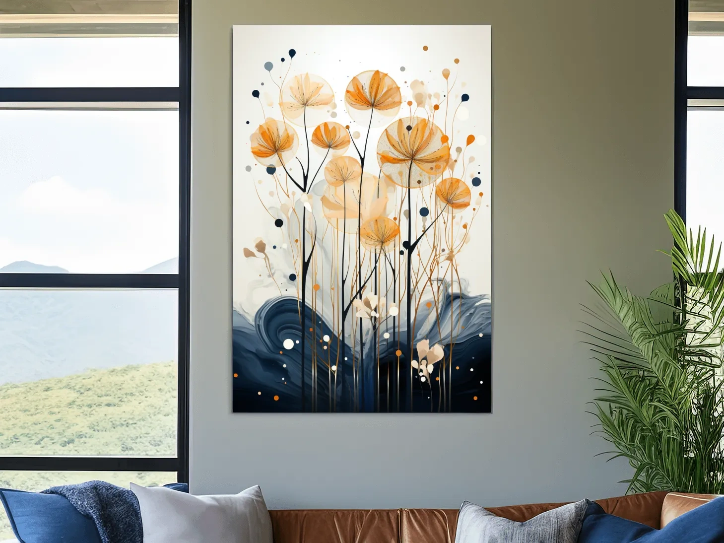 Abstract Golden Wildflower Ink Wash - Botanical Boho Wall Art