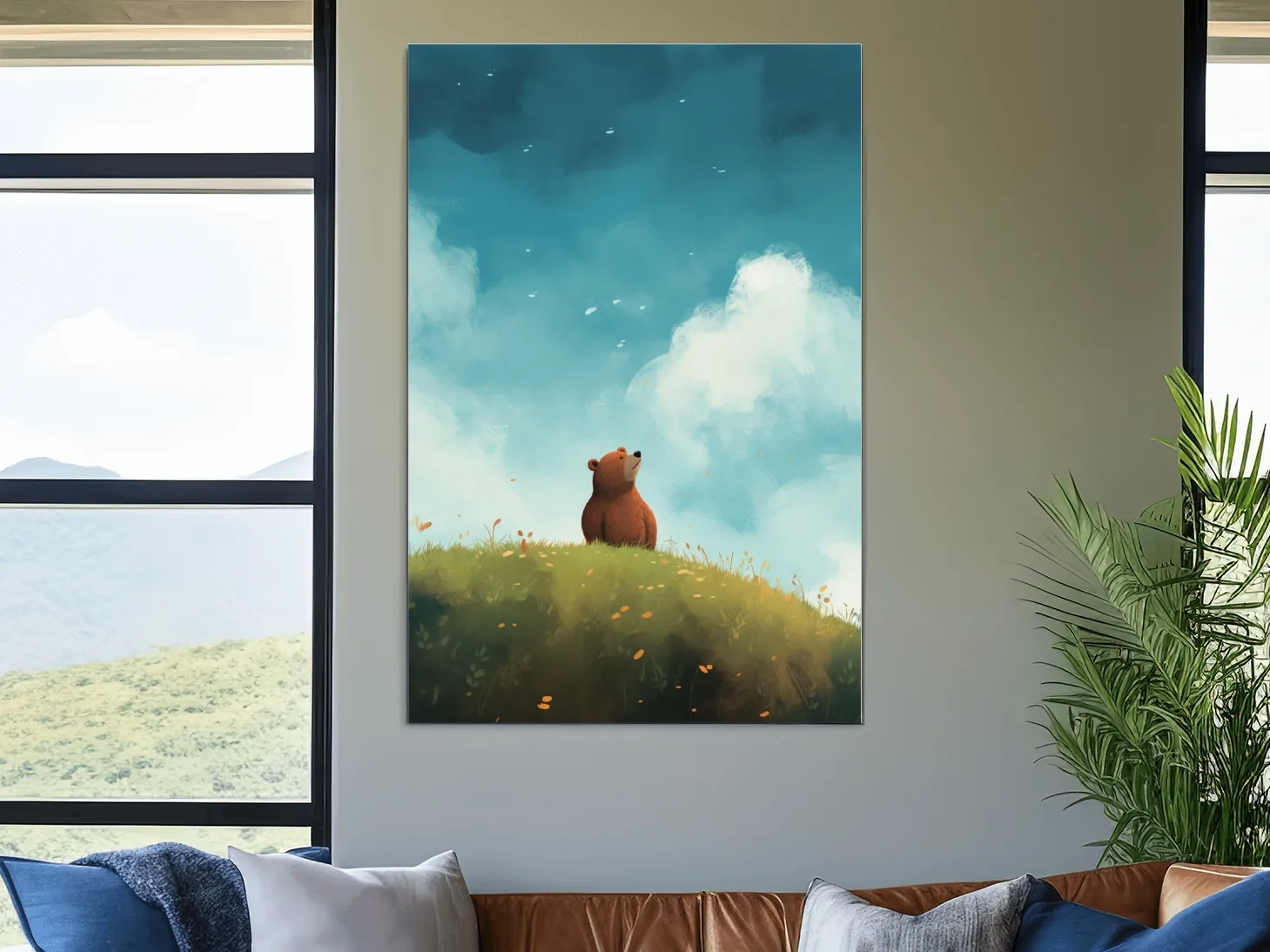 Whimsical Bear Cub Meadow Illustration - Cute Woodland Nursery Wall Art