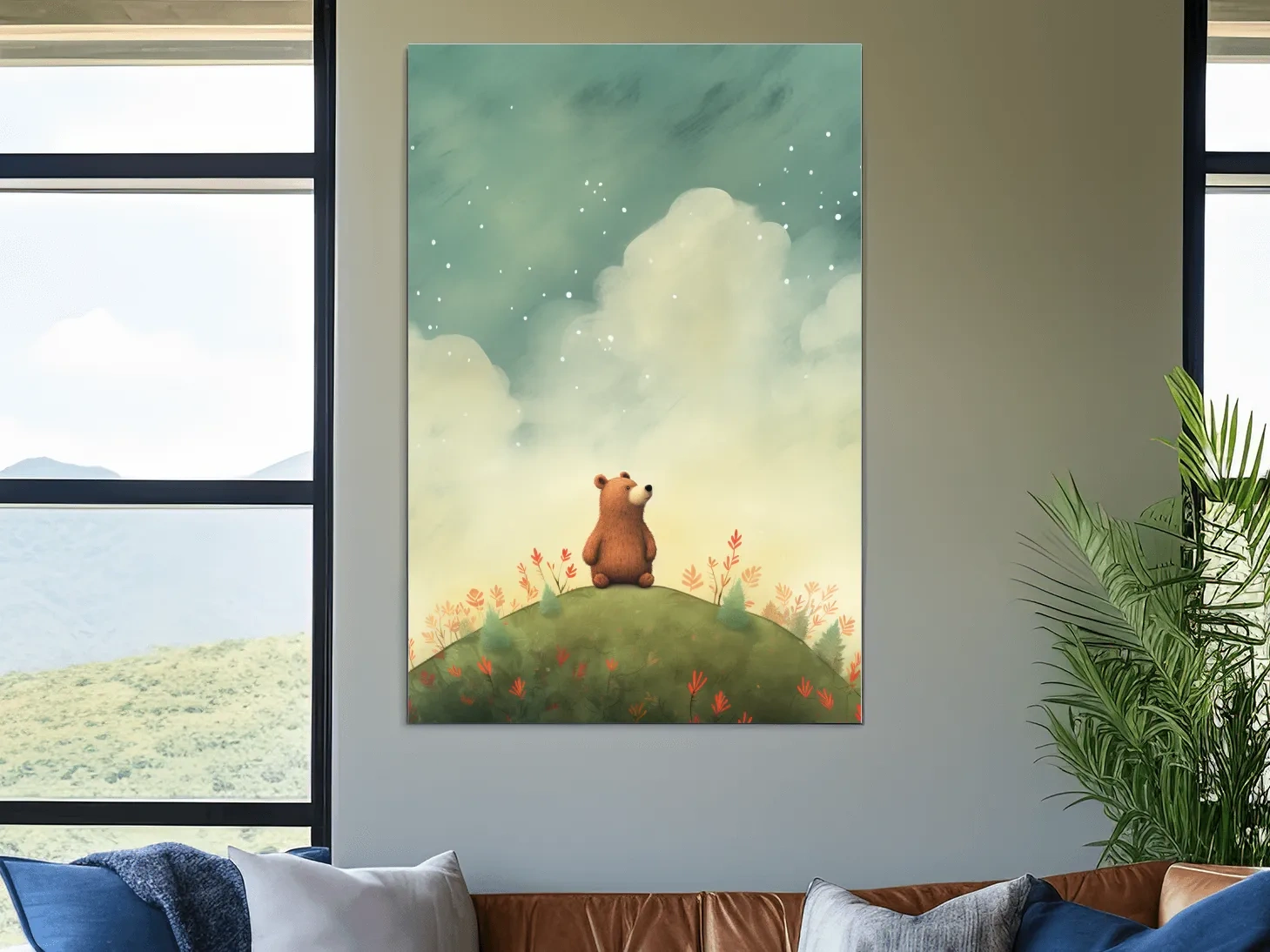 Whimsical Bear Cub Under Starry Sky - Nursery Watercolor Illustration Wall Art