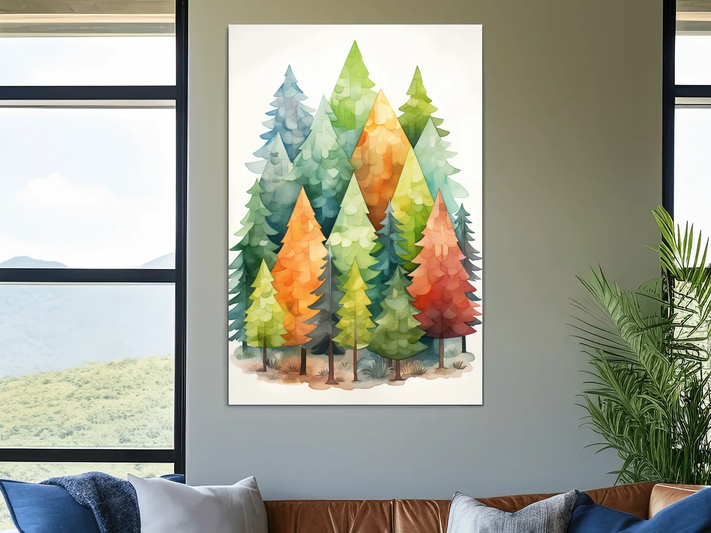 Whimsical Watercolor Pine Forest Illustration - Colorful Scandinavian Nature Wall Art