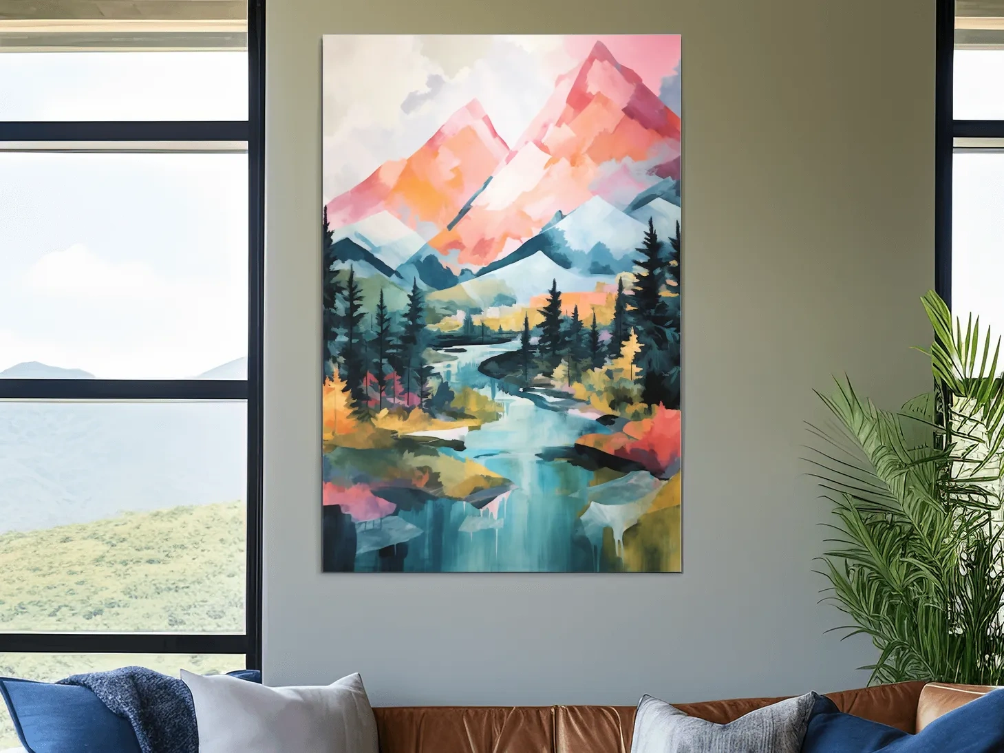 Vibrant Mountain River Landscape Painting - Colorful Alpine Forest Wall Art