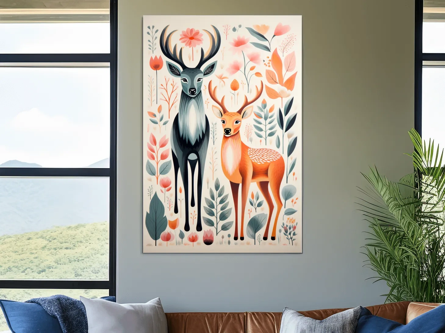Flat colour vector print of deers and foliage, folk art style
