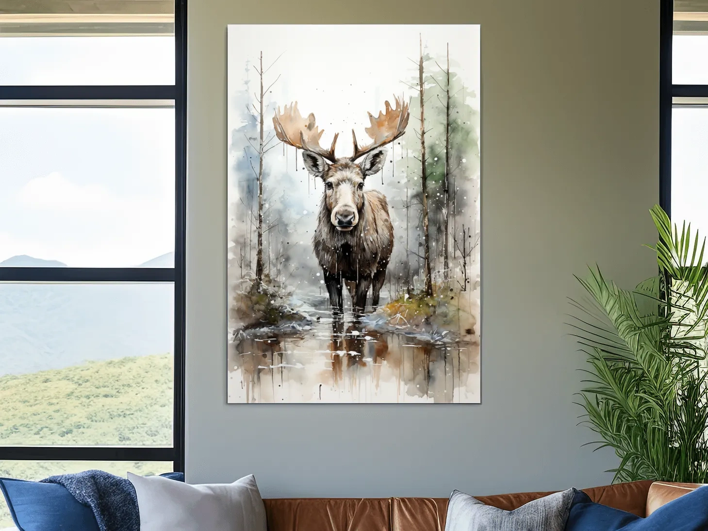Watercolor Moose In Misty Forest - Rustic Woodland Wildlife Painting Wall Art