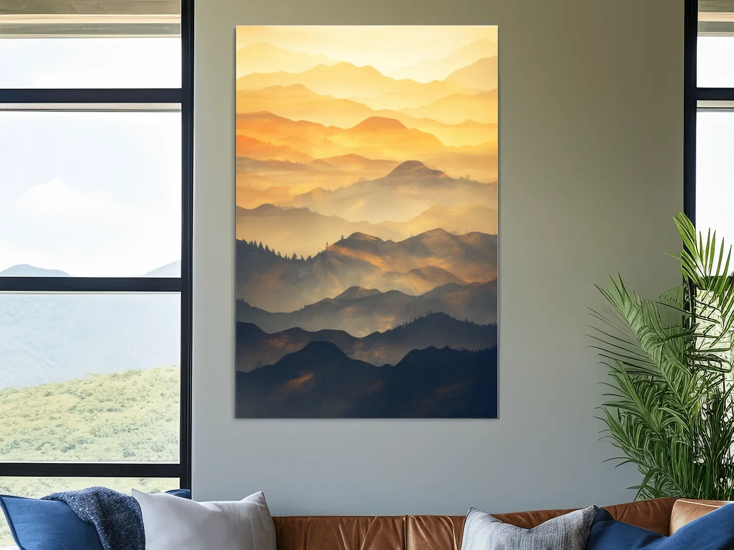 Golden Misty Mountain Ranges Landscape - Serene Layered Sunrise Artwork