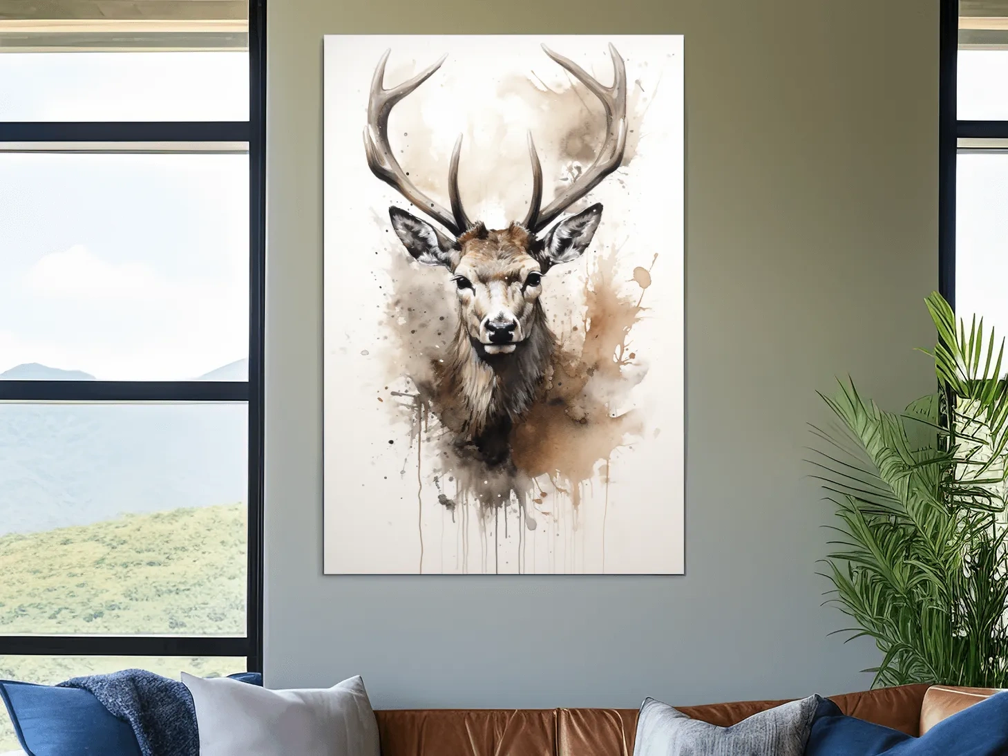 Splattered watercolour painting of a deers head