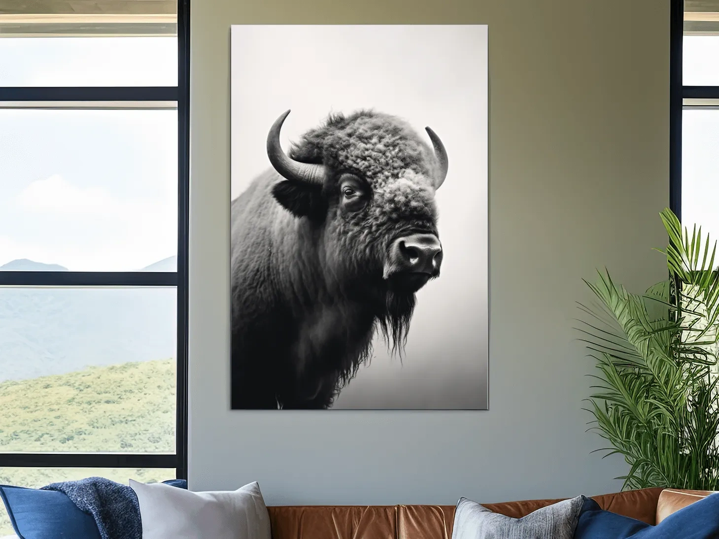 Photographic art, black and white photo of a bison on a crisp winter morning