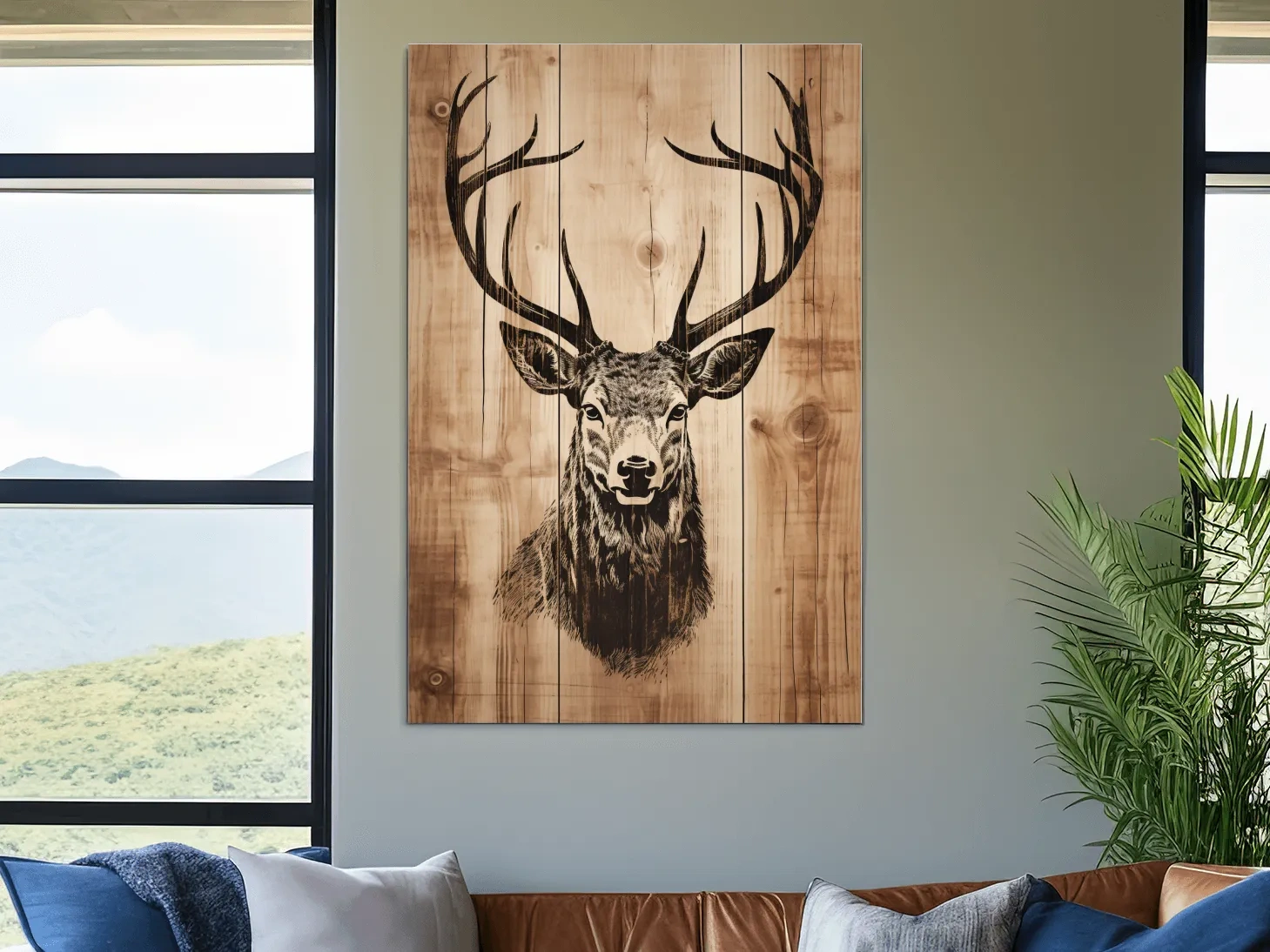 Rustic Deer Head Woodburn Style Portrait - Lodge Cabin Wildlife Wall Art