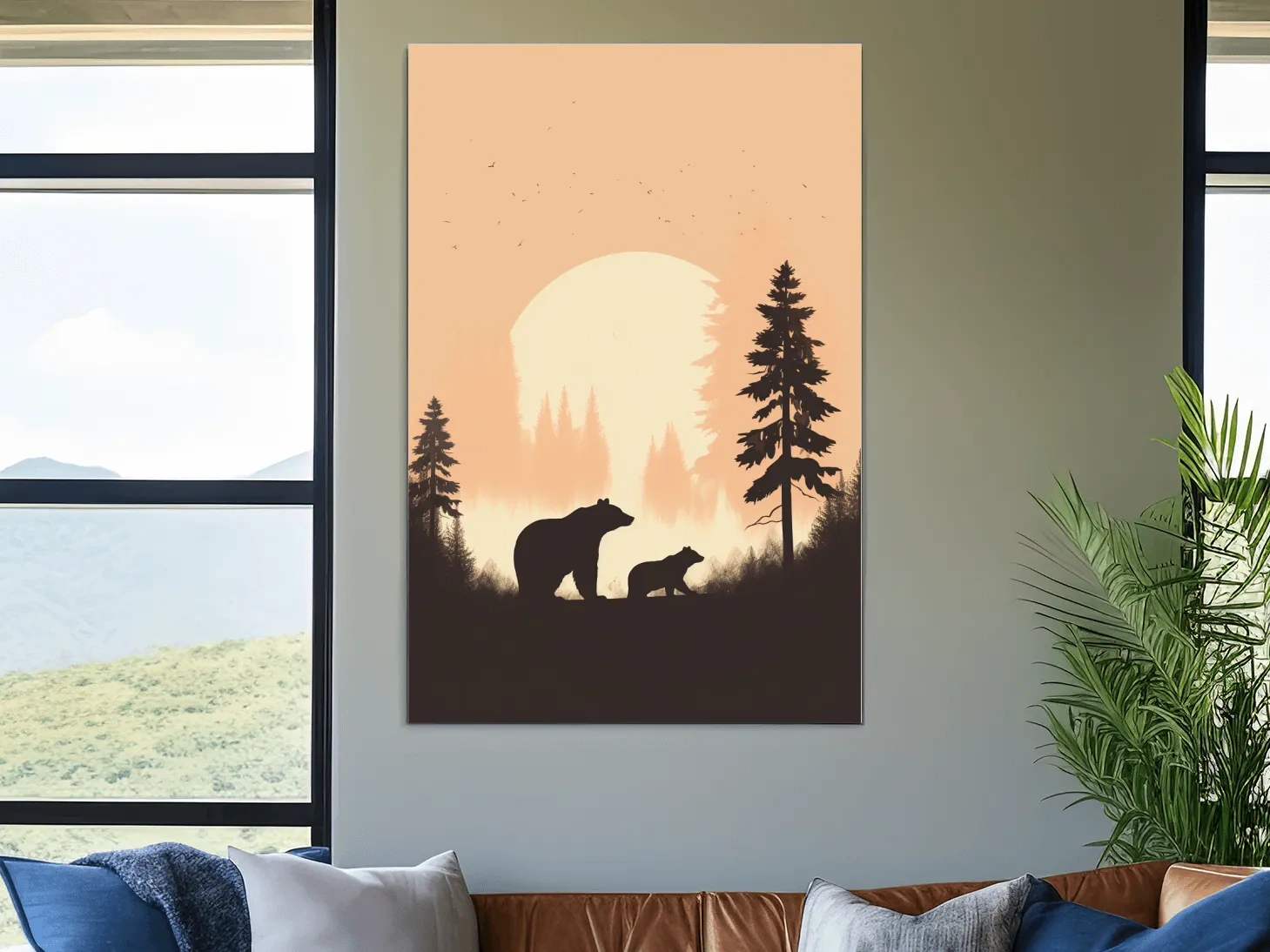Momma Bear & Cub Silhouettes At Sunset - Minimalist Forest Wildlife Wall Art