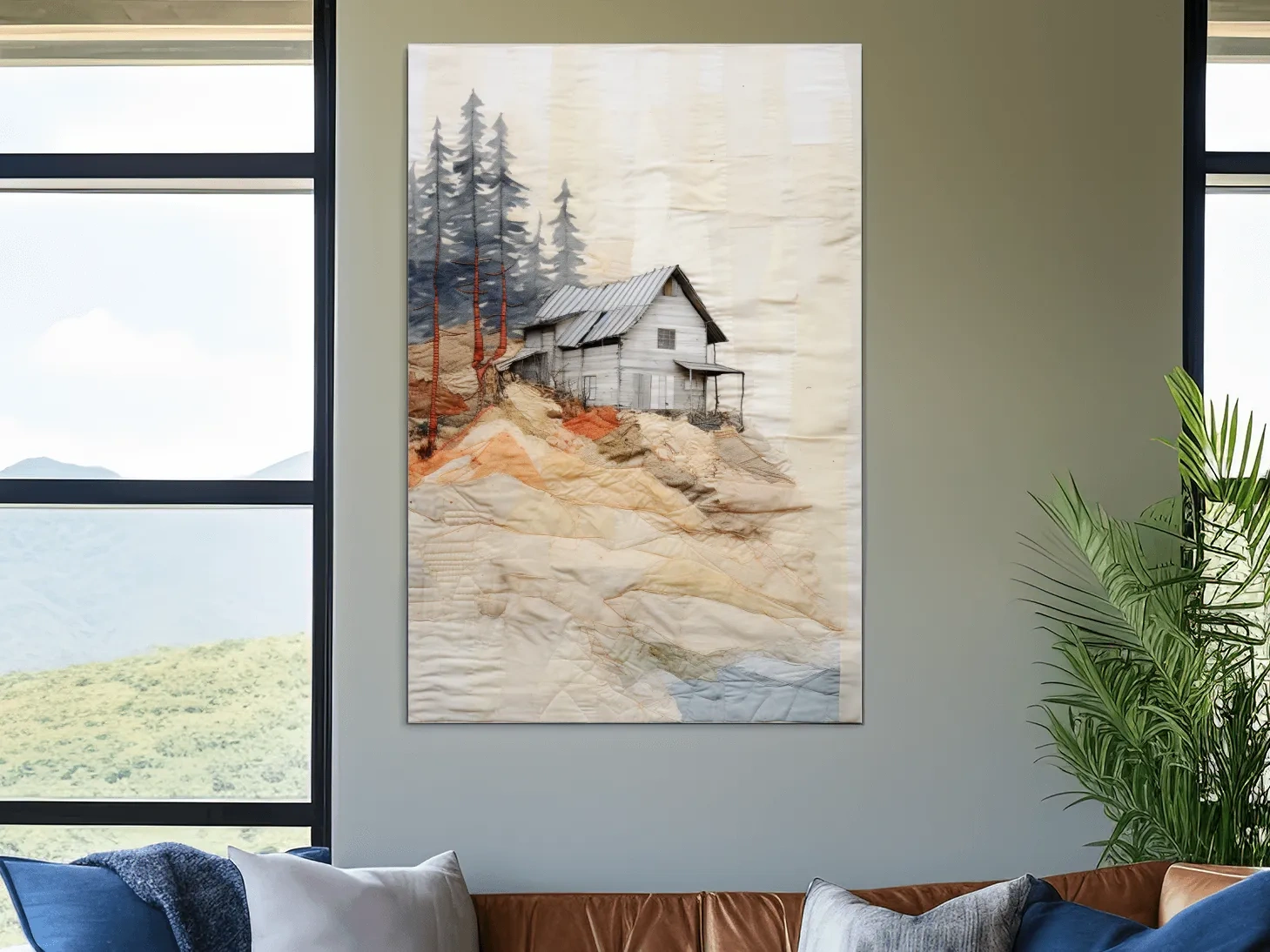 Rustic Hillside Cabin Quilt Collage - Patchwork Effect Forest Landscape Wall Art