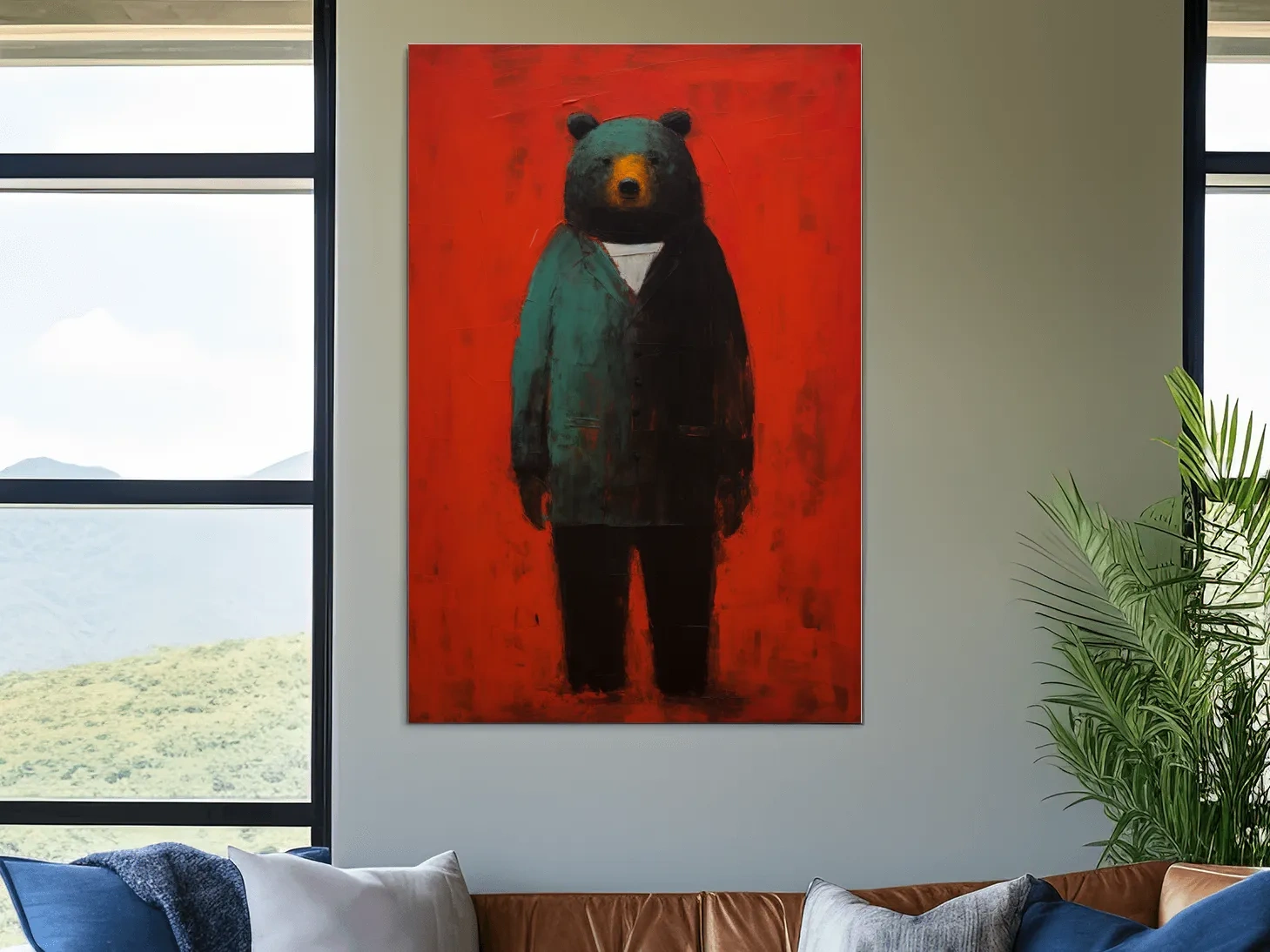 Moody Bear Wearing Suit Portrait Painting - Expressive Wildlife Wall Art