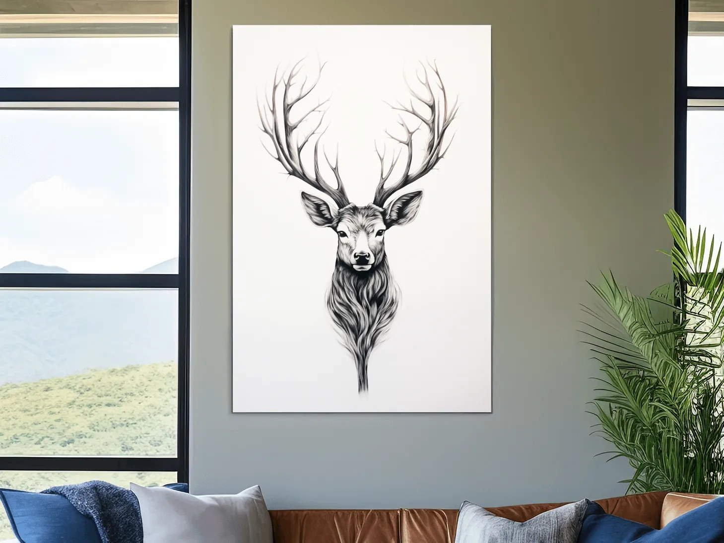 Minimalist Stag Head Line Drawing - Black And White Deer Tattoo  Artwork