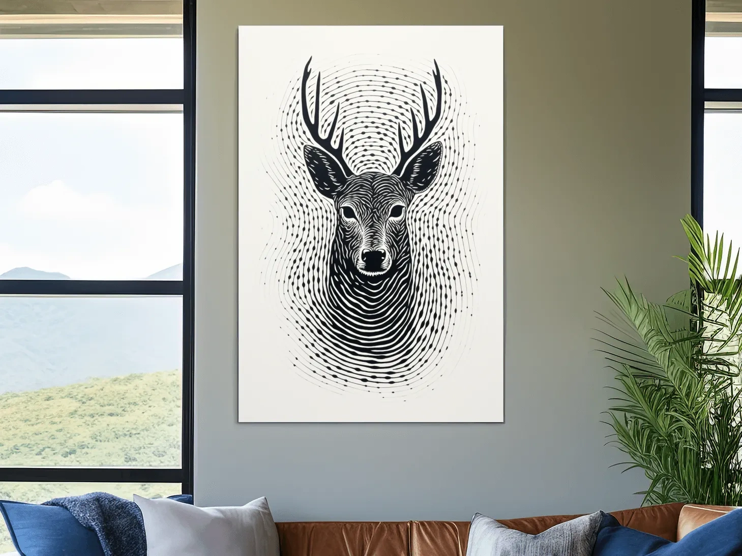 Psychedelic Deer Head Fingerprint Line Art - Black And White Wildlife Wall Art