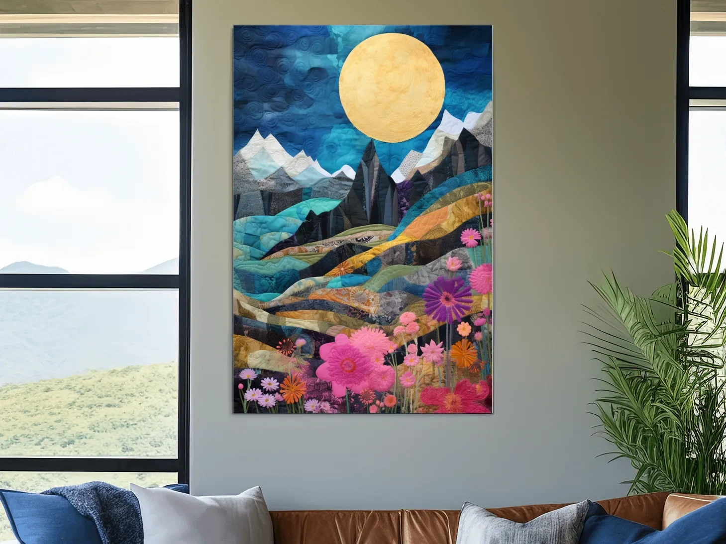 Quilted Wildflower Mountain Landscape - Colorful Patchwork Textile Style Wall Art