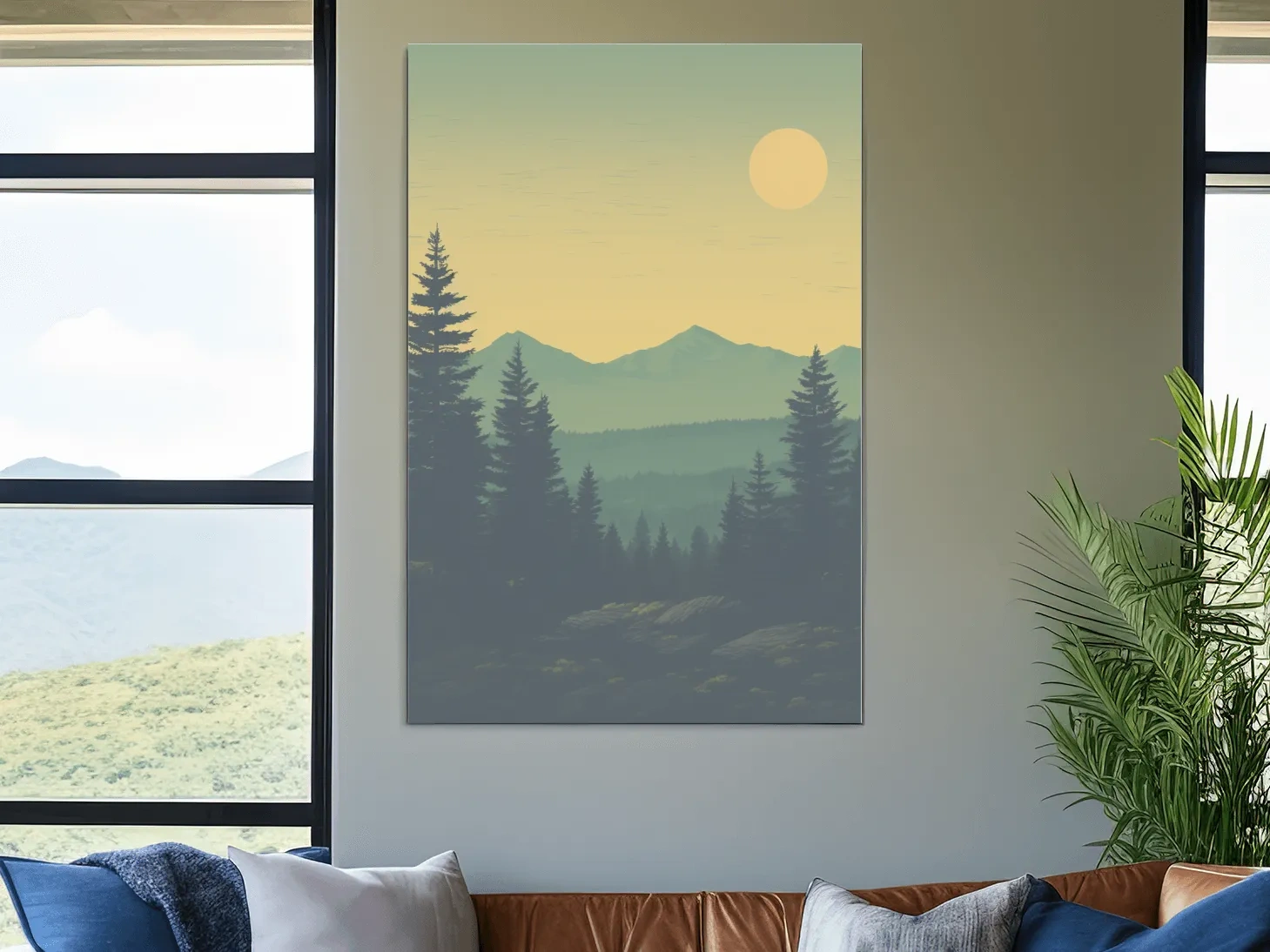 Minimalist Hazy Mountain Sunrise Landscape - Serene Alpine Forest Wall Art