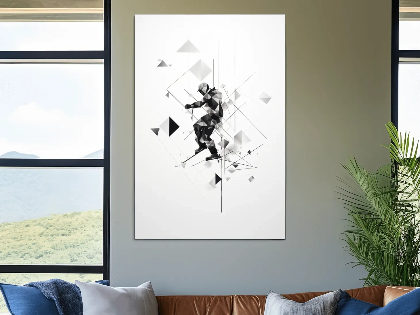 Monochrome Geometric Skier Silhouette - Abstract Winter Sports Wall Art