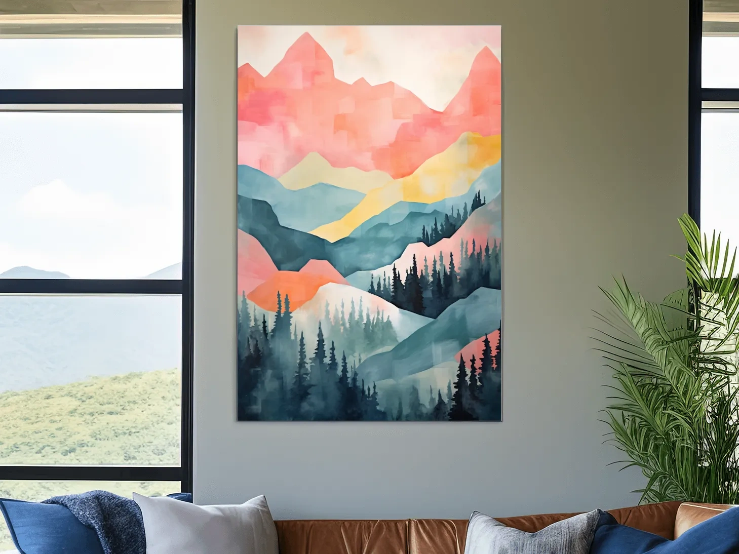 Abstract Watercolor Mountain Sunrise Landscape - Pastel Alpine Forest Wall Art