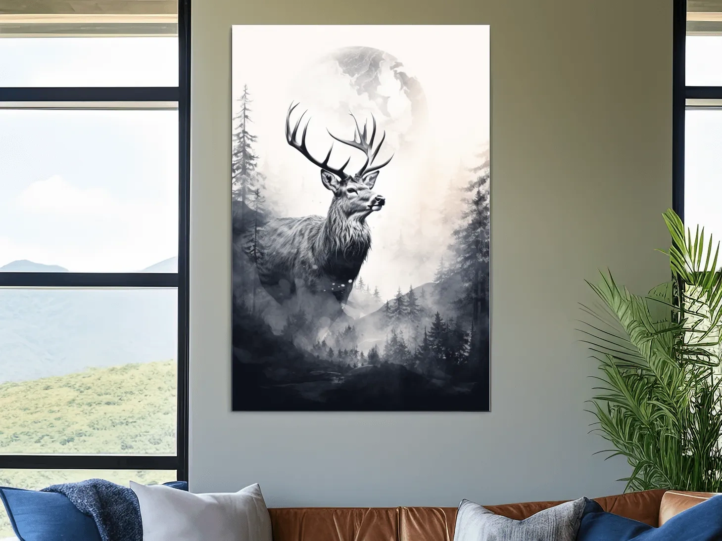 Majestic Stag In Misty Moonlit Forest - Double Exposure Wildlife Wall Art