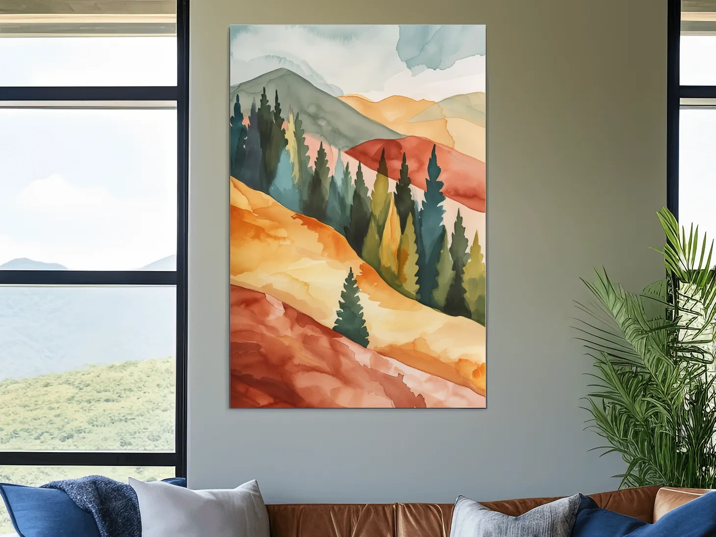 Rustic Autumn Watercolor Mountains & Pine Forest - Serene Abstract Landscape Wall Art