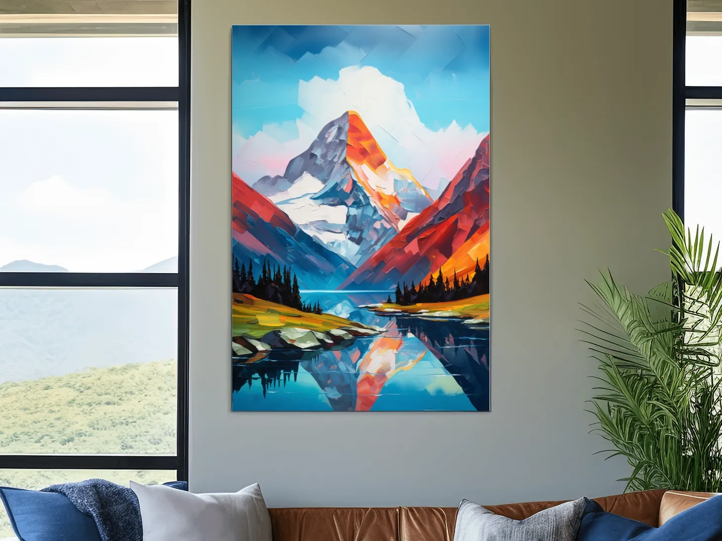 Vibrant Abstract Mountain Lake Reflection - Colorful Impasto Style Wall Art