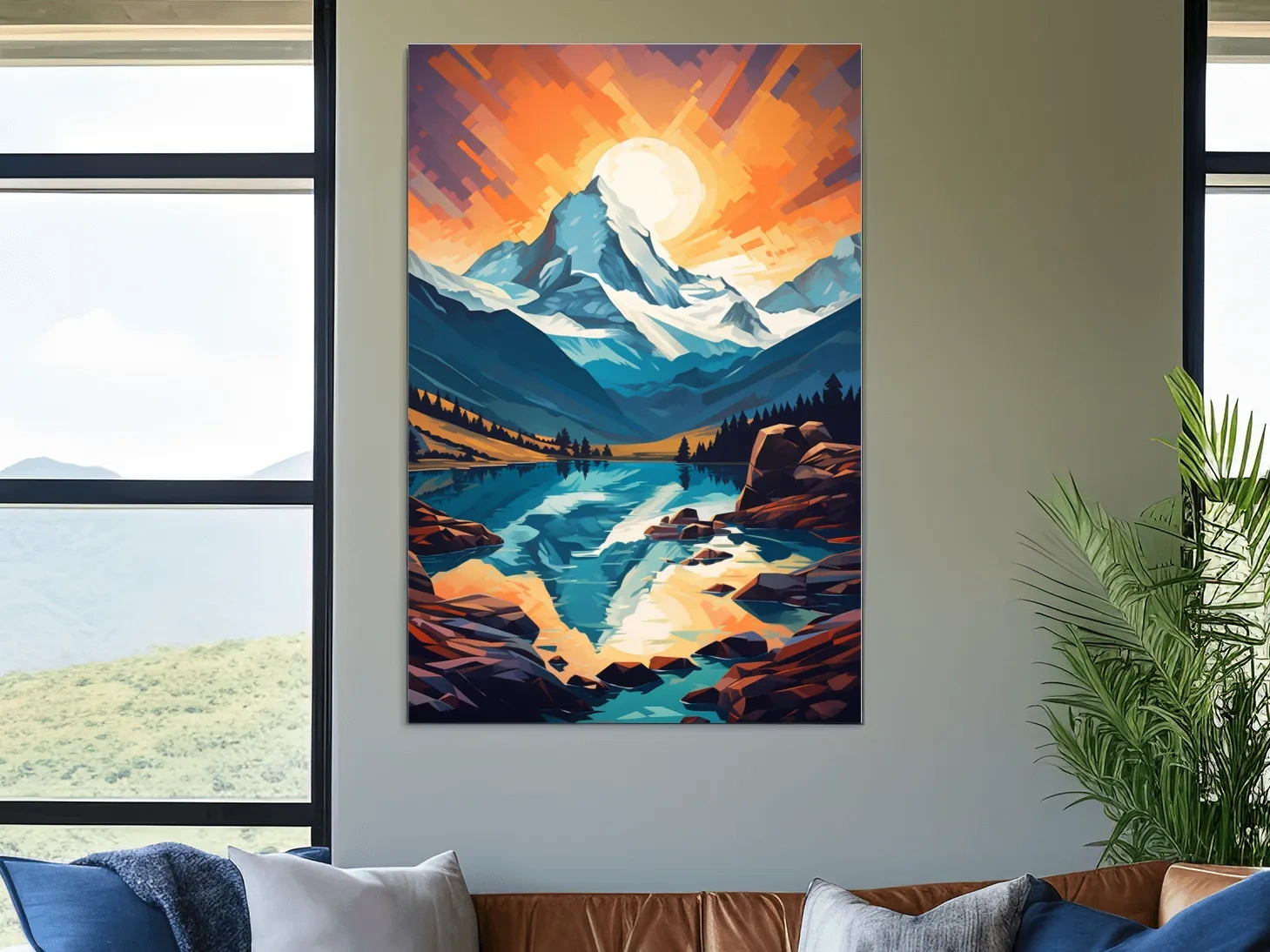 Vibrant Geometric Alpine Glacier Sunrise - Abstract Lake Landscape Wall Art