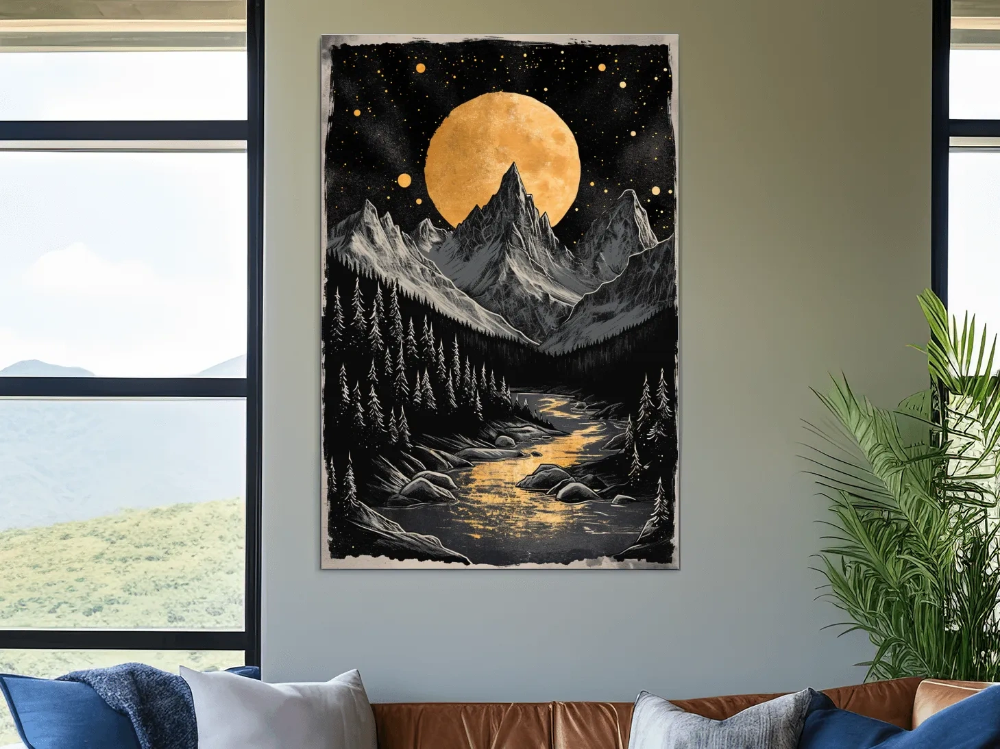 Moonlit alpine scene, dramatic glacier and moon artwork