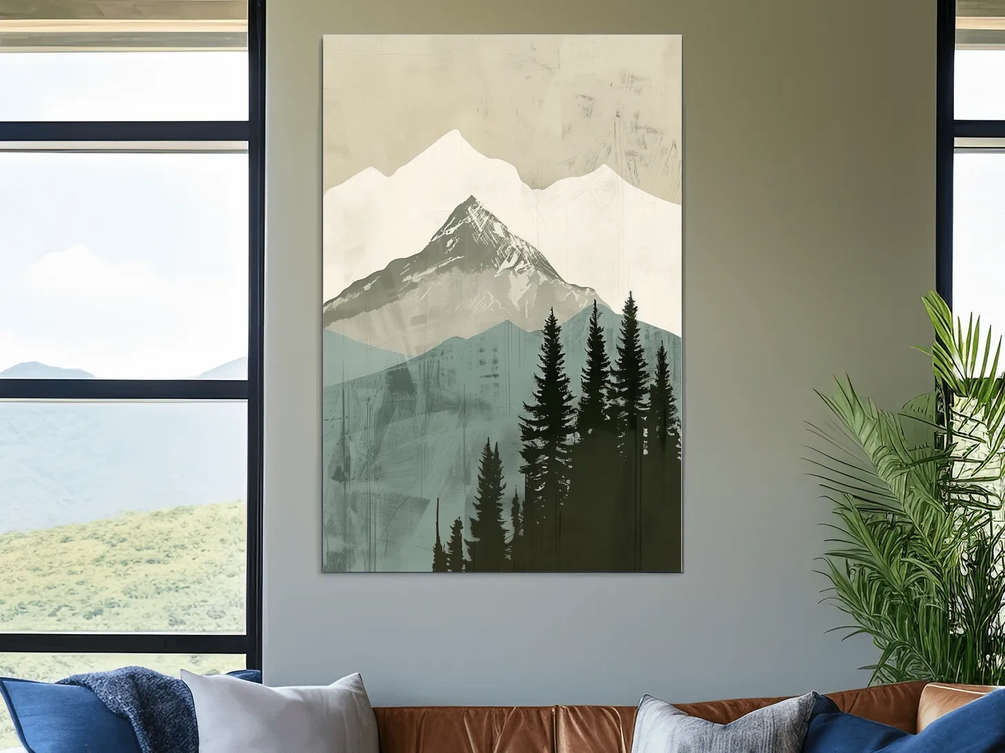 Scandinavian Mountain Peak And Pine Forest Artwork - Minimalist Landscape Wall Art