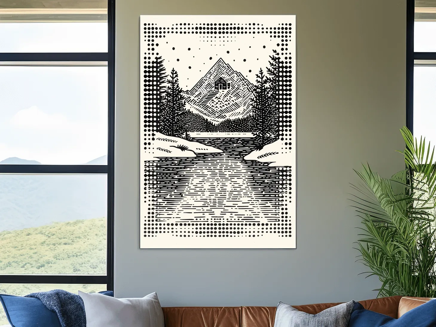 Alpine cabin artwork, linocut style optical illusion art