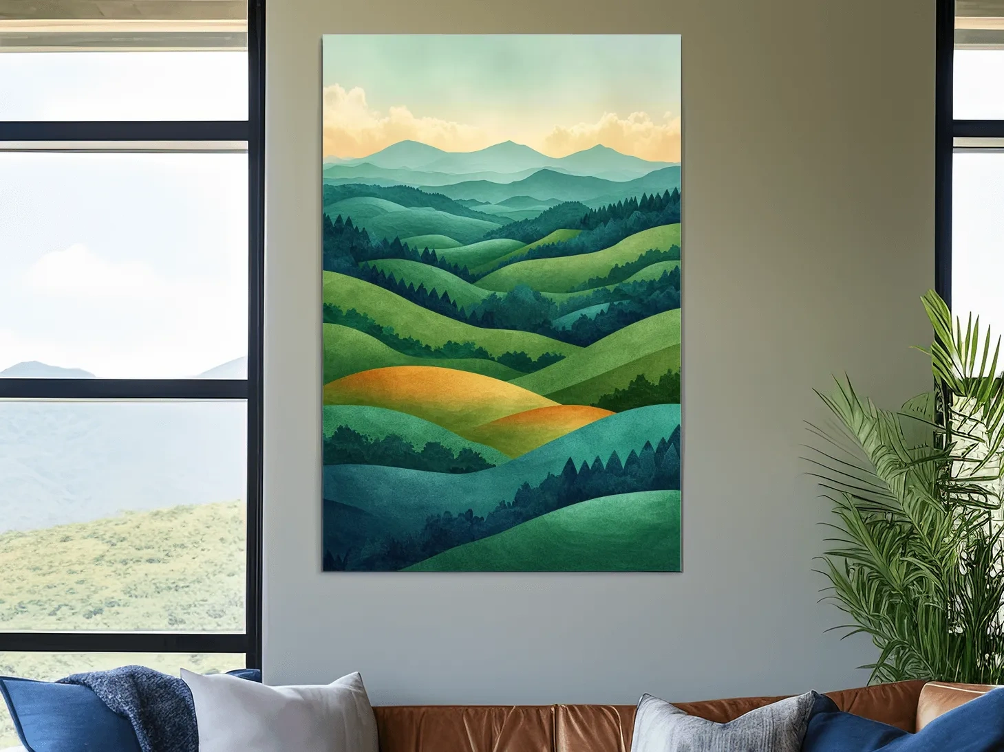 Layered Emerald Rolling Hills Landscape - Serene Scandinavian Nature Wall Art